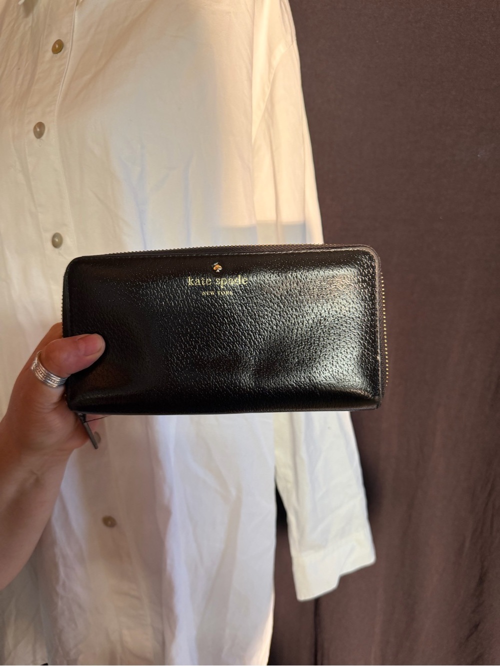 kate spade Black Patent Leather Zip-Around Wallet with Gold Logo